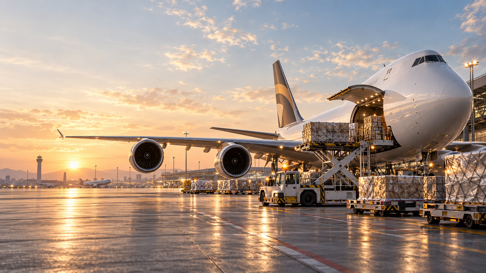 Argus cargo aircraft loading freight at sunset